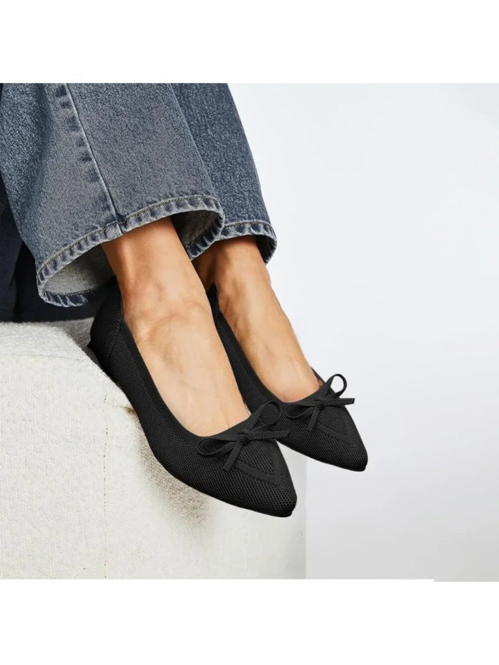 Women's Black Flats Pointed Toe Bow Knit Ballet Shoes Comfortable Dressy Mesh